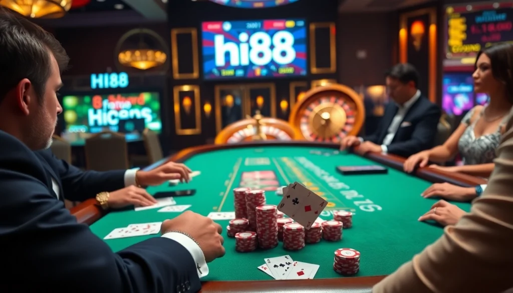 Hi88 poker players strategizing their bets at an upscale casino table with vibrant chips.