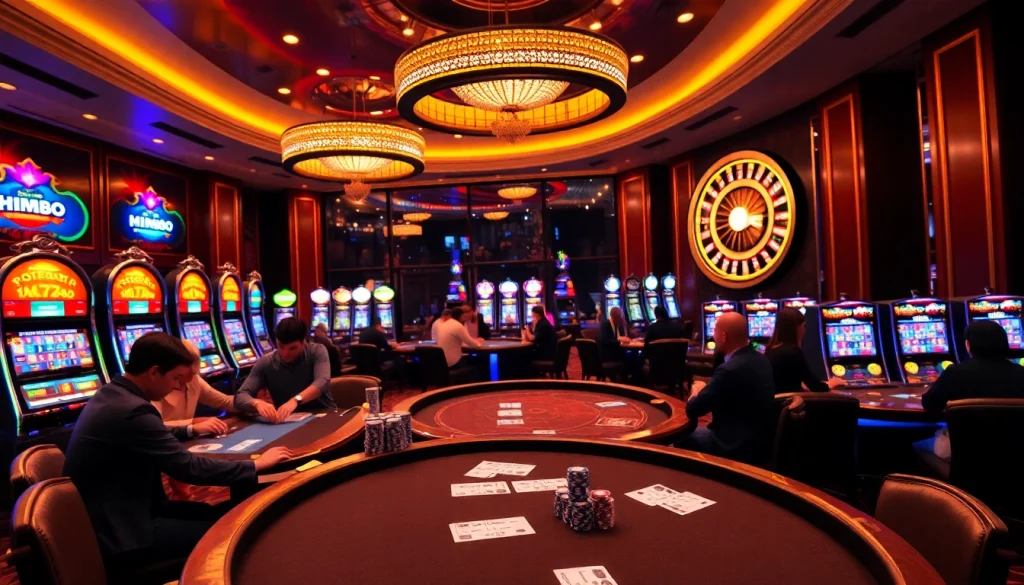 MM88 casino scene with engaged players at poker tables and vibrant slot machines.