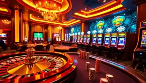 Engage in thrilling casino games at https://xx88vt.com/ with a vibrant roulette wheel and poker table setting.