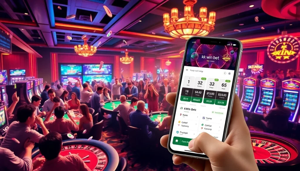 Experience the excitement of KK win bet through a vibrant casino atmosphere showcasing poker, roulette, and digital betting.