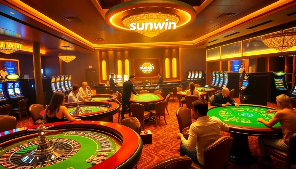 Players enjoying diverse games at sunwin's luxurious casino environment with vibrant lighting.