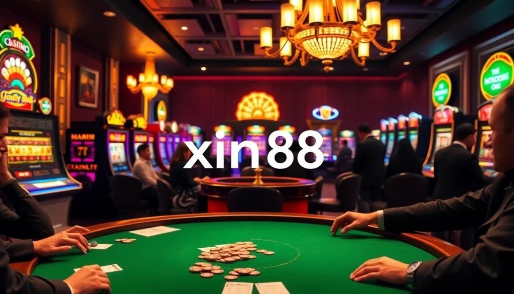 Players engage in high-stakes poker at xin88 casino, surrounded by vibrant slot machines and roulette.