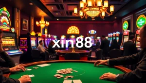 Players engage in high-stakes poker at xin88 casino, surrounded by vibrant slot machines and roulette.