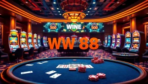 Engaging gambling scene with WW 88 logo on poker table and colorful slot machines.