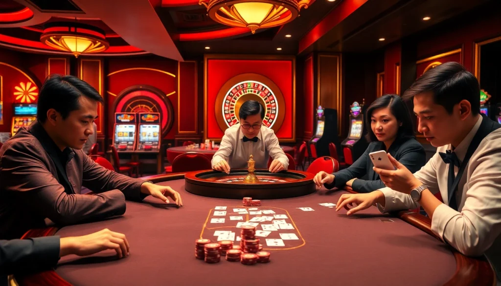 Engaged players at Dominoqiu poker table showcasing thrilling gameplay and high-stakes excitement.