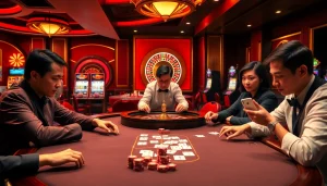 Engaged players at Dominoqiu poker table showcasing thrilling gameplay and high-stakes excitement.