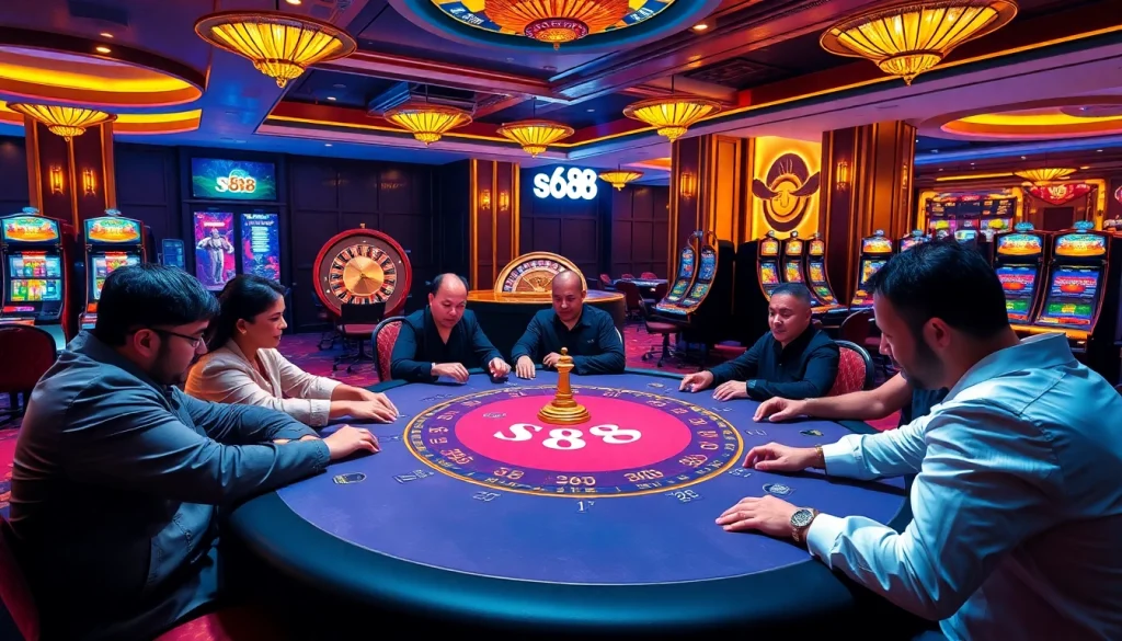Experience the thrill of gamble at the s88 casino with a lively poker table and vibrant lights.