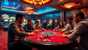 Players enjoying poker excitement at https://www.6l777.vip/ with luxurious casino ambiance and vibrant atmosphere.