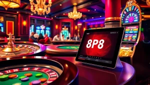 Players engaging with KP88 at a luxurious casino table, featuring roulette and blackjack games.