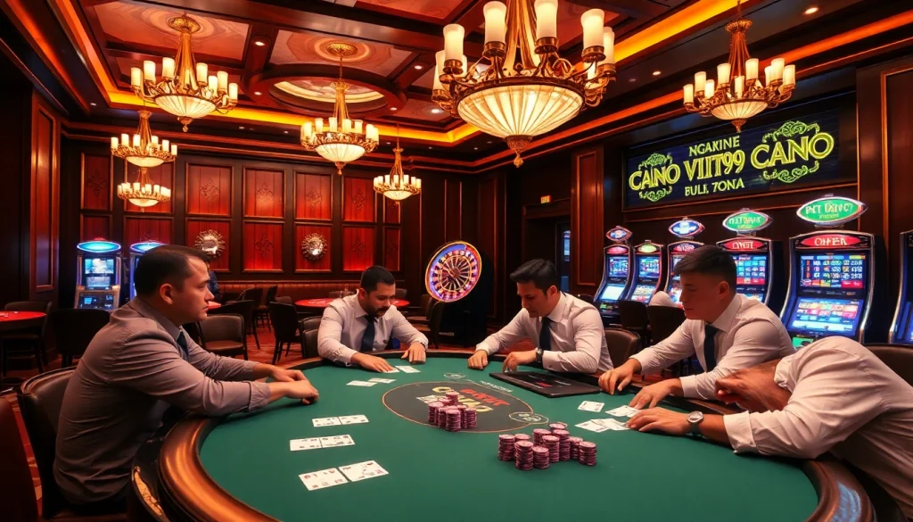 Experience the excitement of vua99 caisno with players at a vibrant poker table in a luxurious casino.