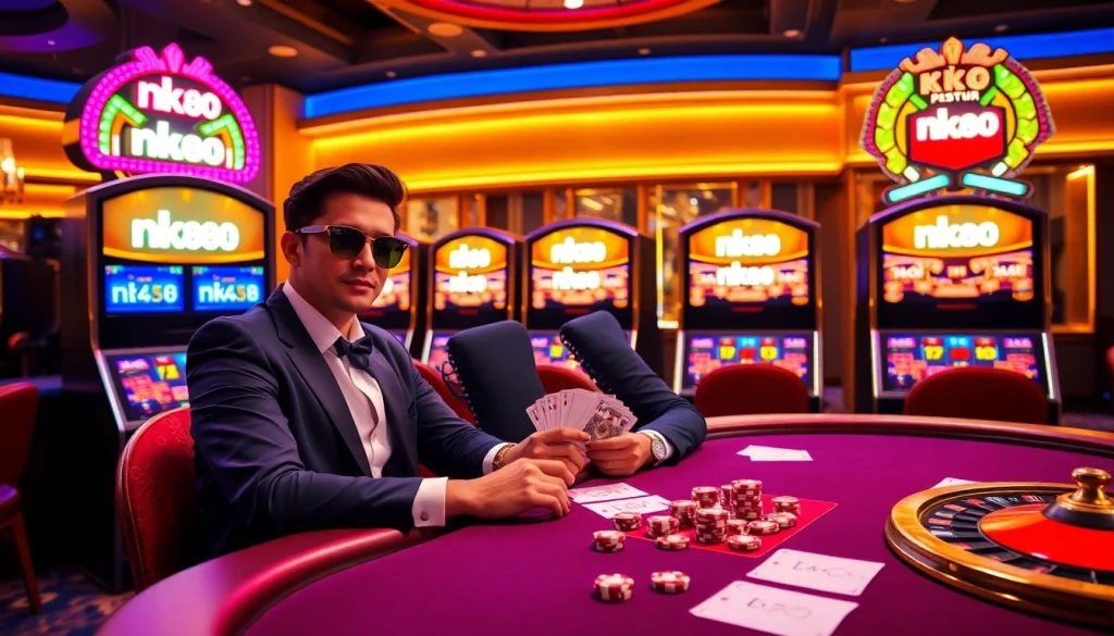 Engage in thrilling poker games featuring nk88 elements amidst vibrant casino visuals.