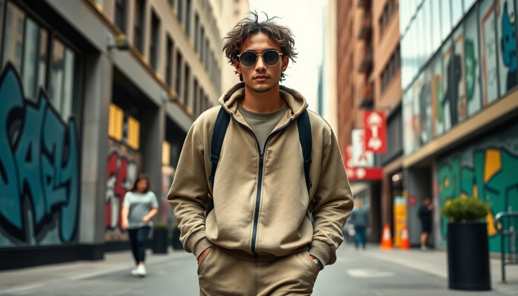 Essentials Tracksuit worn by an urban individual, showcasing chic style and comfort in a vibrant setting.