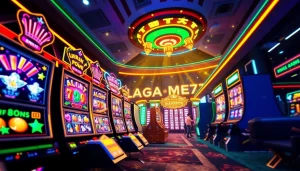 LAGAGAME77 online casino scene showcasing vibrant slot games with animated reels, exciting colors, and a thrilling atmosphere.