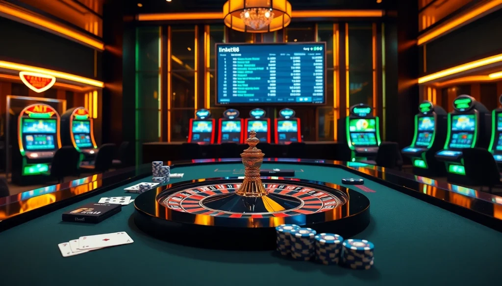 Experience the thrill of gambling with link bet88 at a luxurious casino table featuring vibrant poker chips and cards.