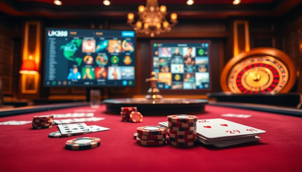 Join the thrilling action at UK88 with vibrant poker chips and luxurious casino settings.