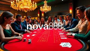 A high-stakes game at nova88 casino with players, poker chips, and a baccarat table under a stunning chandelier.