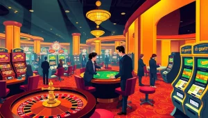 Experience thrilling gameplay at gori77 with players engaging at a luxurious poker table and roulette wheel.