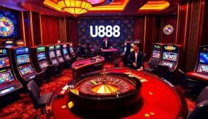 Experience thrilling games at U888, featuring roulette and vibrant slot machines.