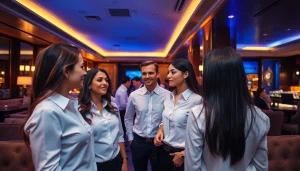 Suwon셔츠룸 elegant interior with female managers engaging guests in a luxurious atmosphere