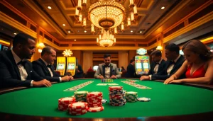 DEBET engaging players at a vibrant poker table surrounded by colorful chips and slot machines.