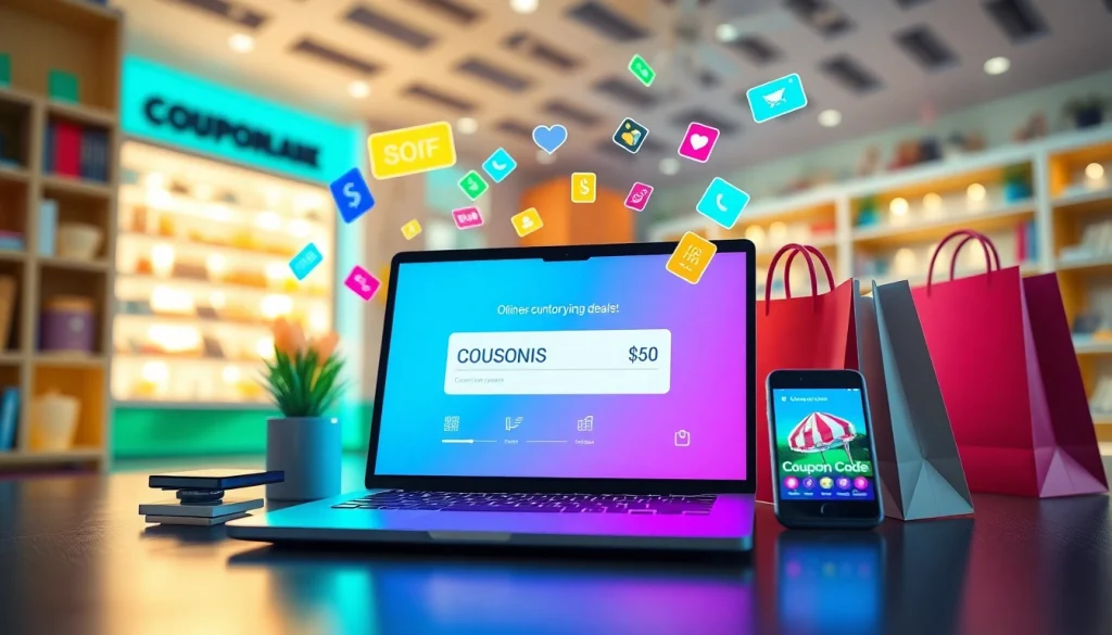 Visual representation of ドスパラ クーポン with a laptop showing coupon codes, embodying online shopping excitement.