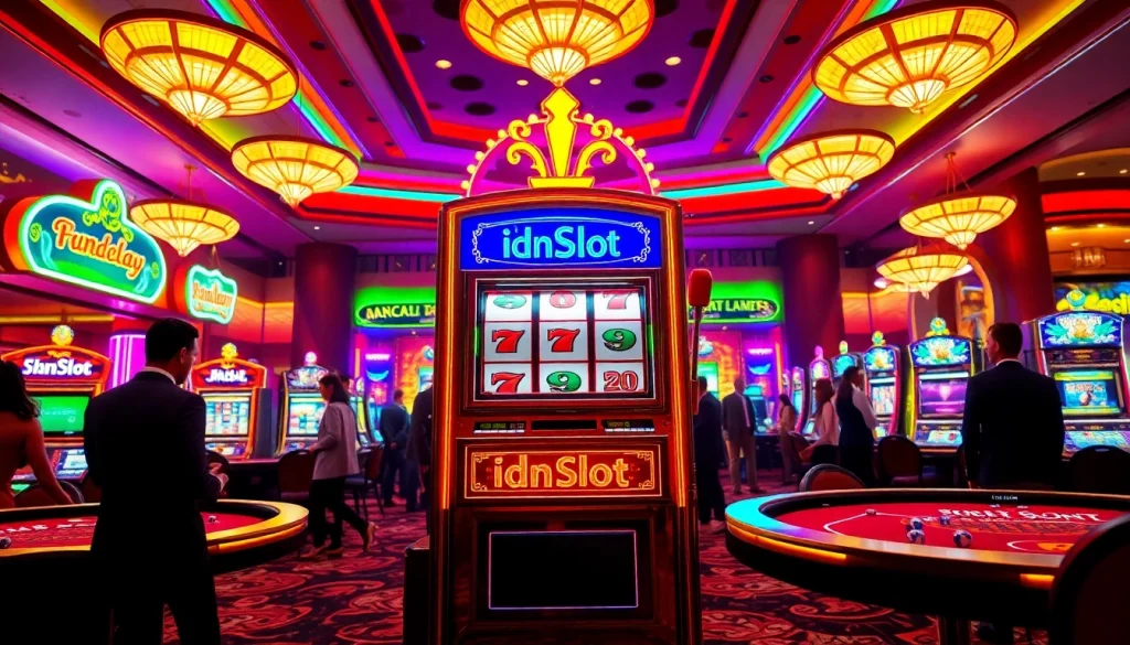 Players enjoying the idnslot gaming experience at a vibrant casino.