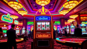 Players enjoying the idnslot gaming experience at a vibrant casino.