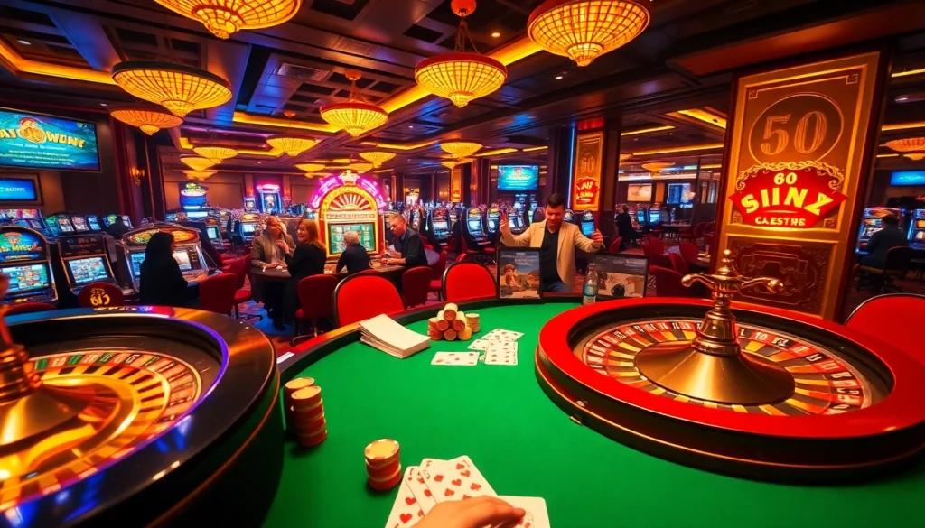 Experience the thrill of 68 game bài with a vibrant casino scene featuring poker tables, roulette wheels, and excited players.