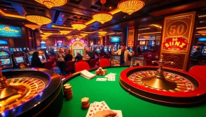 Experience the thrill of 68 game bài with a vibrant casino scene featuring poker tables, roulette wheels, and excited players.