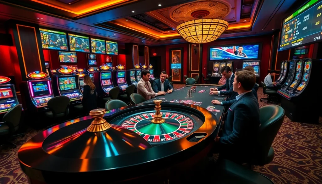 Exciting 6FF casino scene with roulette table, vibrant poker chips, and engaged dealers.