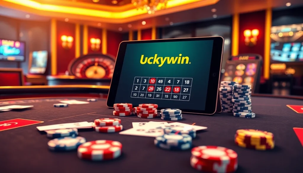 Luckywin casino scene with poker chips and sleek digital interface highlighting gambling excitement.