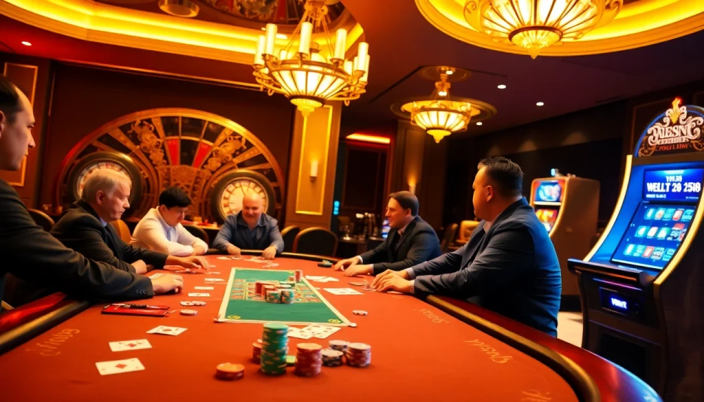 WE88 gaming table with poker players amidst vibrant casino excitement.