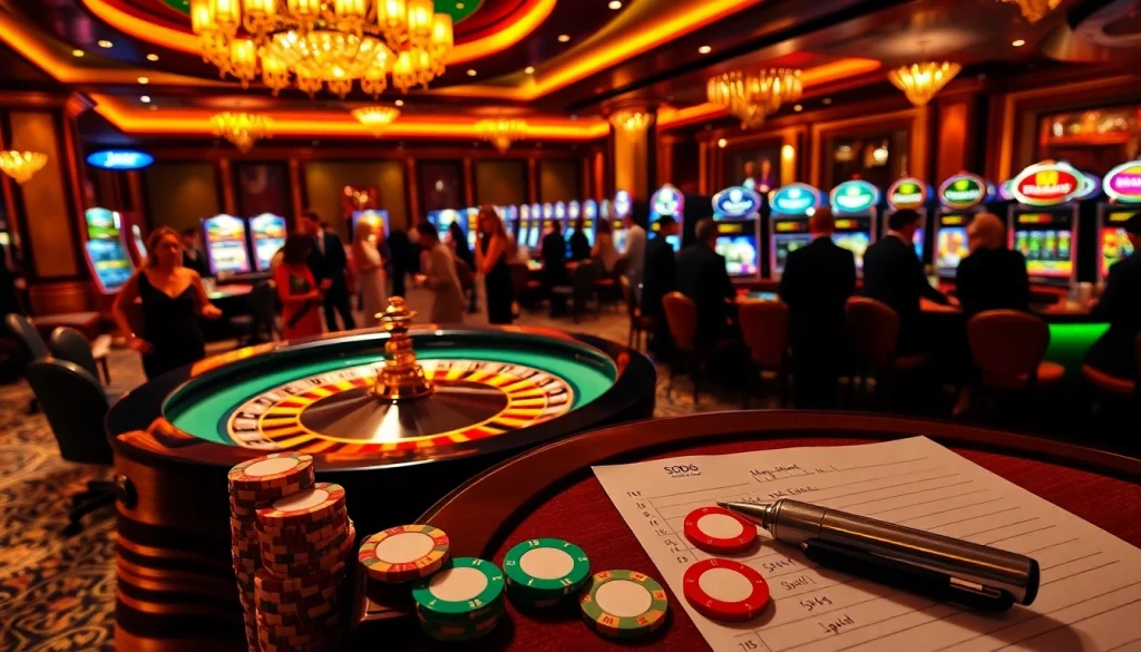 SODO66 players enjoying the excitement of a luxury casino atmosphere with poker chips and roulette tables.