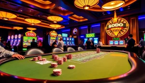 SODO casino scene featuring an exciting table game with players enjoying blackjack and poker.