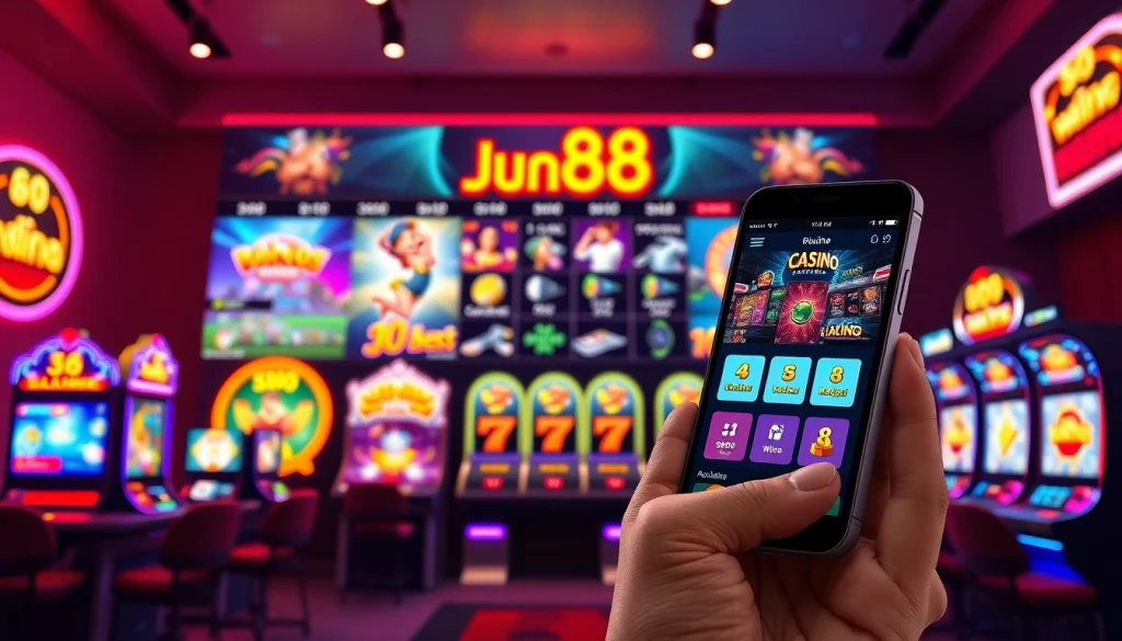 Engaging gaming interface at https://jun88pl.com/ showcasing diverse online casino options and vibrant slot machines.