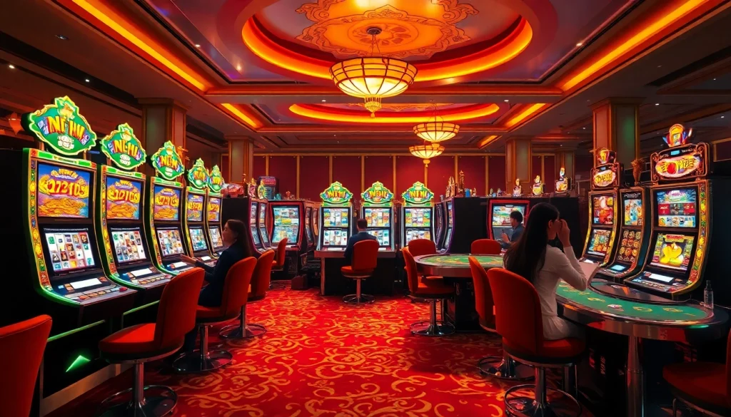 Engaged players celebrating wins on nổ hũ slot machines in a luxurious casino environment.