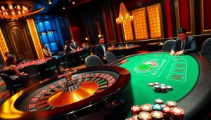 Experience the excitement of the TT88 gambling area featuring elegant poker tables and a roulette wheel.