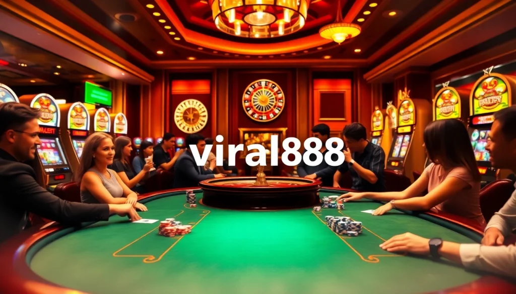 Experience the excitement of viral88 with luxurious casino visuals featuring poker and roulette games.