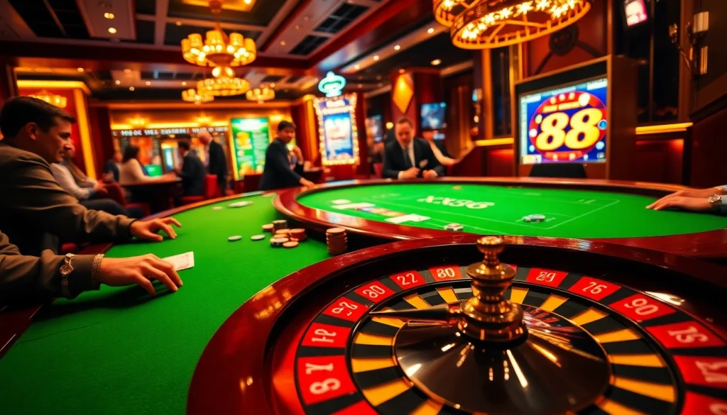 X88 poker players enjoying high-stakes action at a luxurious casino table.