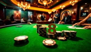 Experience the thrill of S8 poker at a luxurious casino table with chips and cards.