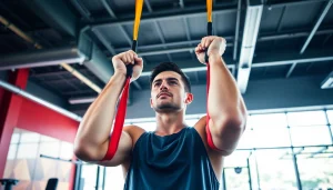 Fitness enthusiast using assisted pull-up bands in a modern gym setting