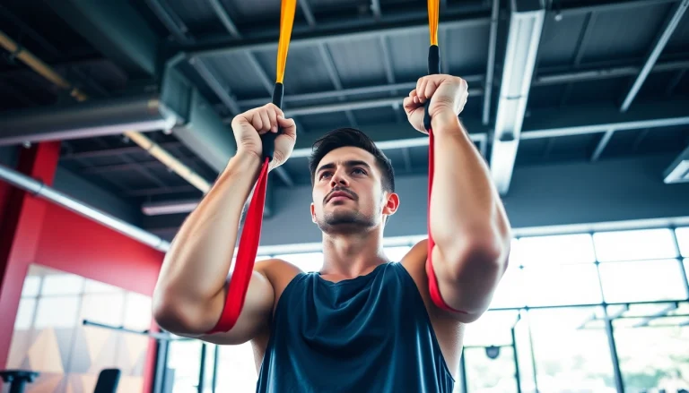 Fitness enthusiast using assisted pull-up bands in a modern gym setting