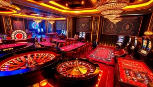 Thrilling gaming atmosphere at Nhà cái Lu88, showcasing roulette, poker tables and vibrant slot machines.