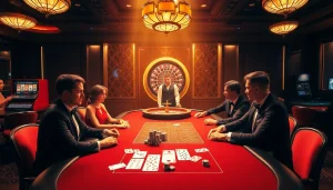 A thrilling casino scene enhancing the experience at Lc88.com with poker tables and slot machines.