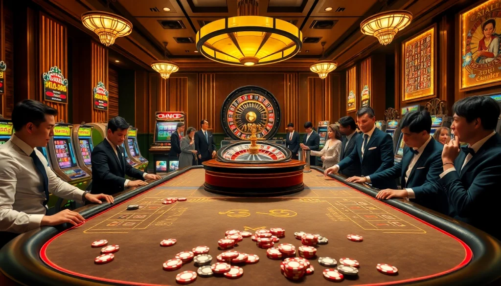 Excited players at the MM88 casino table enjoying a luxurious gambling experience amid vibrant slot machines.