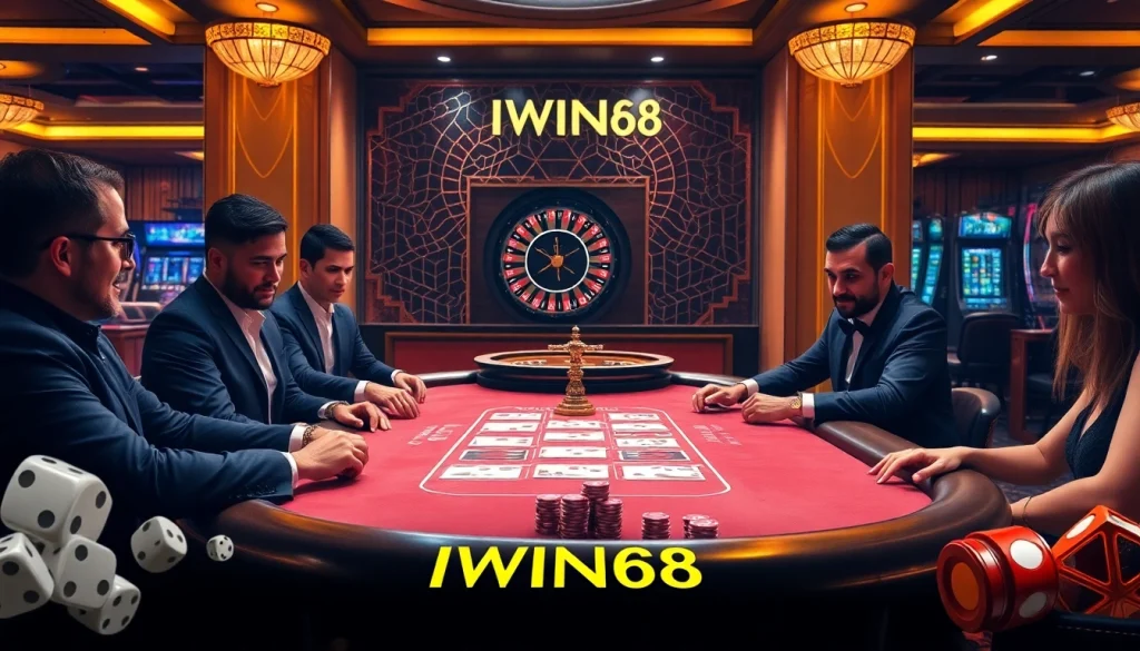Experience high-stakes gambling at IWIN68 with stylish poker tables and vibrant chips.