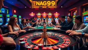 Naga99 players celebrate a winning moment at a luxury casino table.