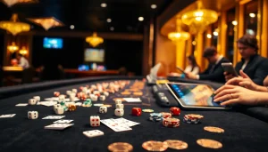 Experience thrilling gameplay at a luxurious tài xỉu online table with vibrant chips and dice.