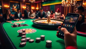 Engaging scene of players enjoying online gaming at 7C77, featuring vibrant tables and casino elements.