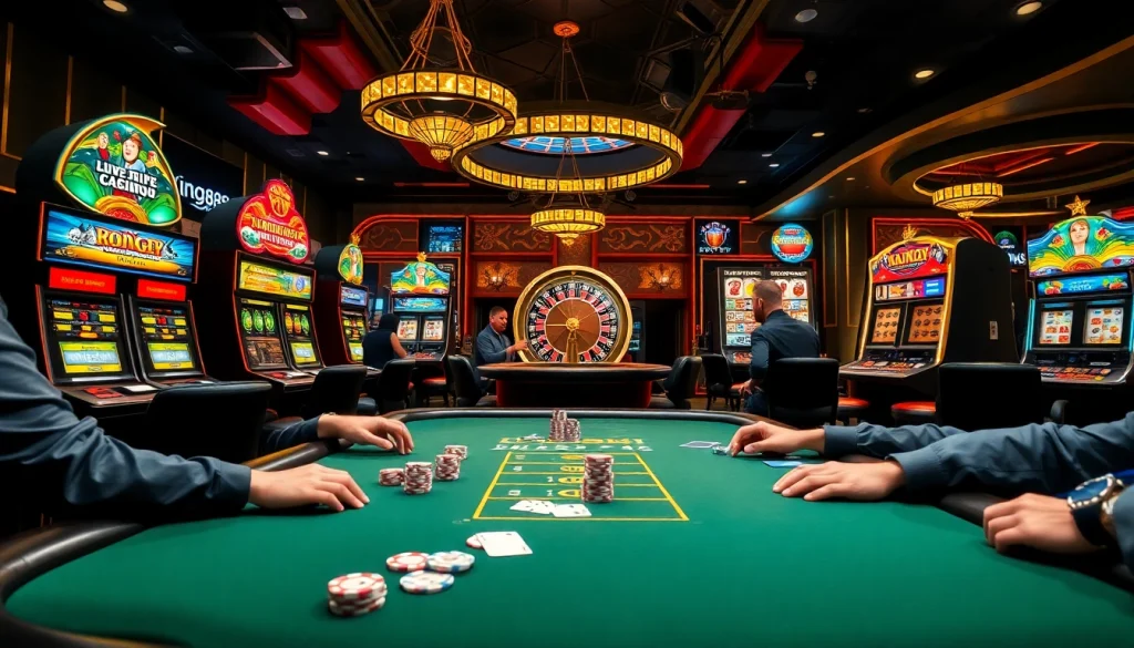 Exciting scenes of gambling at king88 with poker tables and vibrant slot machines.